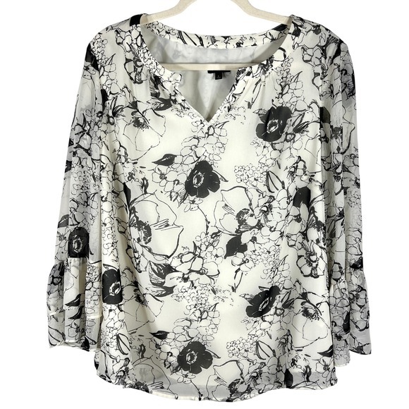 Talbots Tops - Talbots Floral Sheer-Overlay Blouse Large Cream Black‎ Ruffle Sleeve V-Neck Top